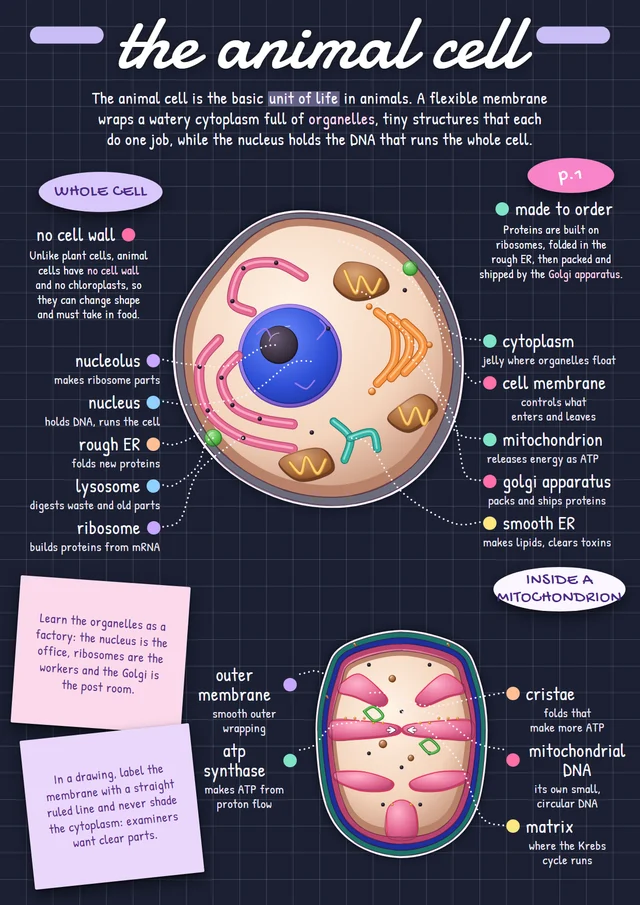 A Strawfy page on the animal cell, in the Midnight labels style